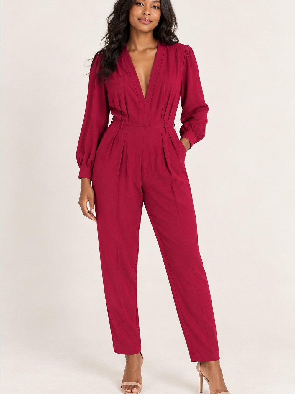 Women's Long Sleeve V-Neck Burgundy Jumpsuit